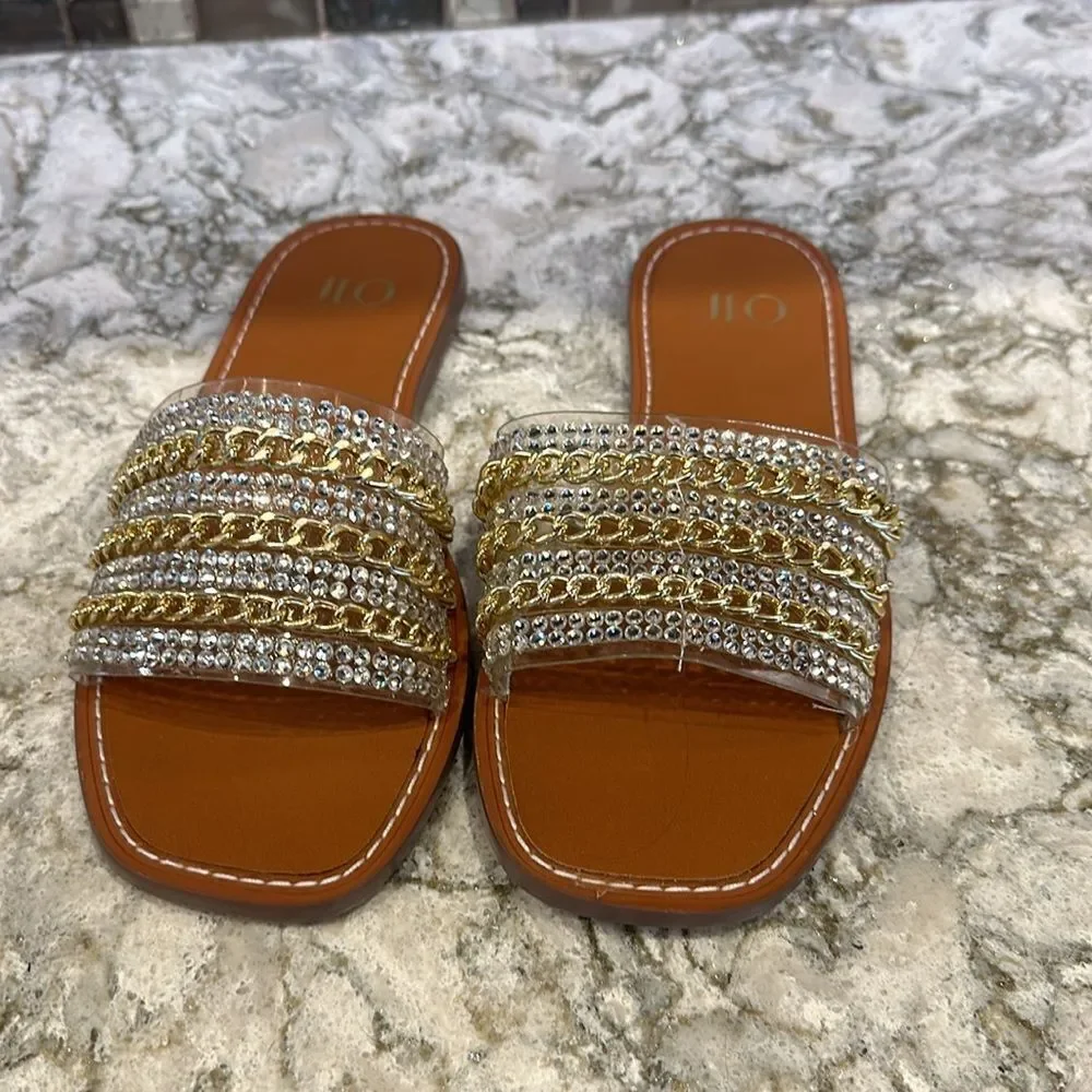 🥿✨ J Lo Flat Sandals - Size 7.5 - Never Worn - Clear, Gold, Silver Metallic